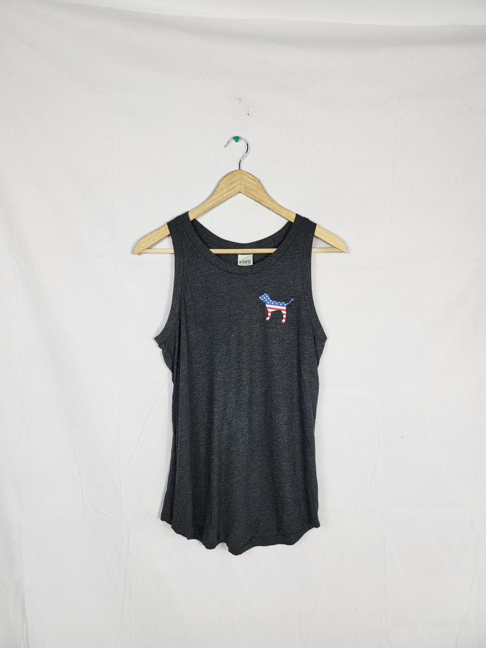 Victoria Secret PINK XS Dark Gray Tank with American Flag Dog Patch